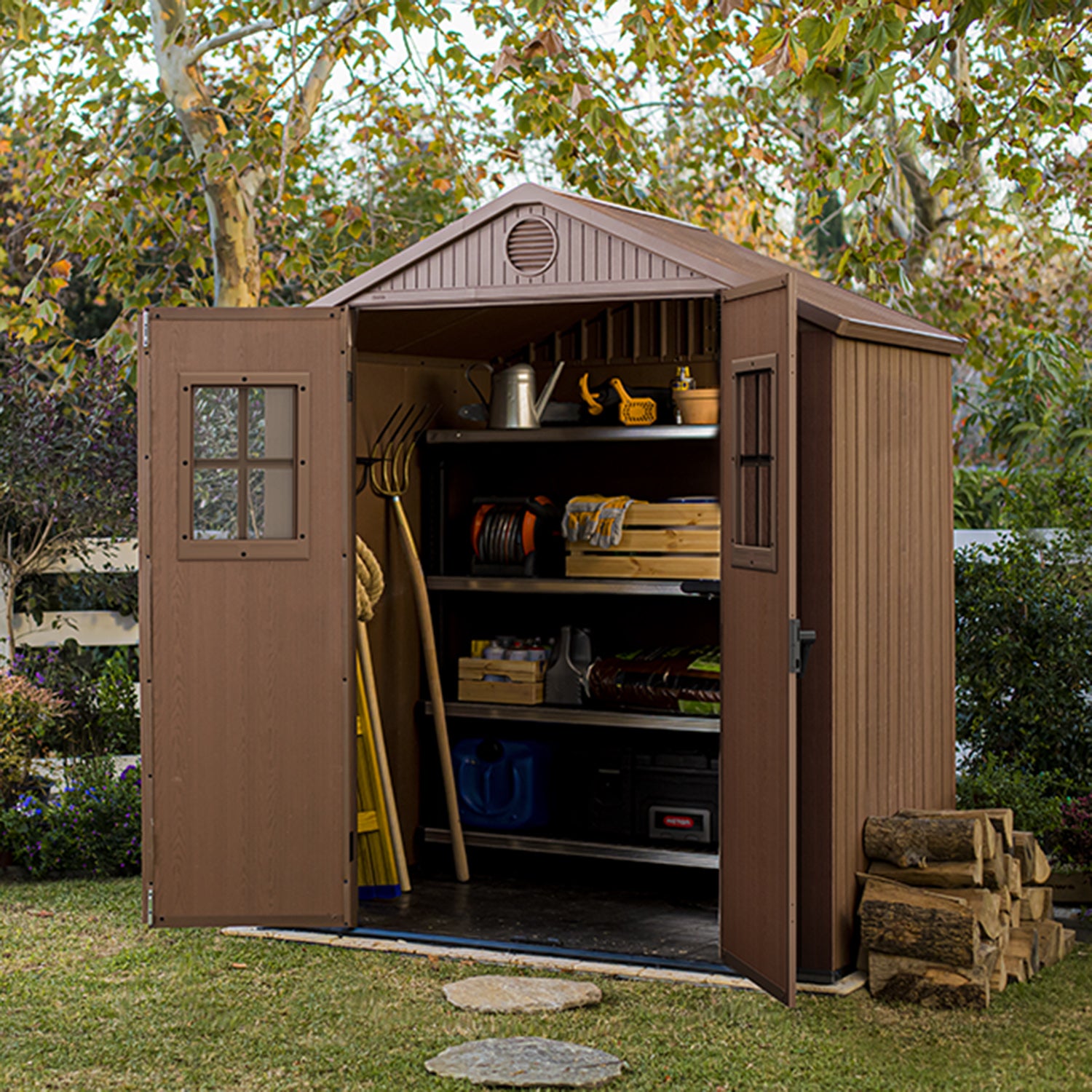 KETER - Casetta da giardino grande marrone Darwin 6x4 con finestre frontali - h221x190x122 cm